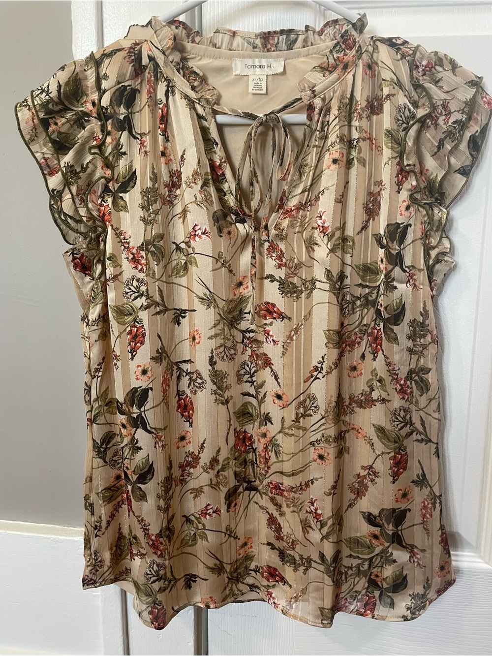 Beige Floral Tie-Neck Ruffle Sleeve Blouse